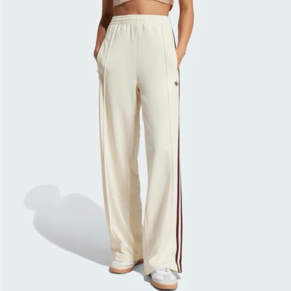 adidas Adicolor Firebird Wide-Leg Track Pants in Cream with Maroon Stripes